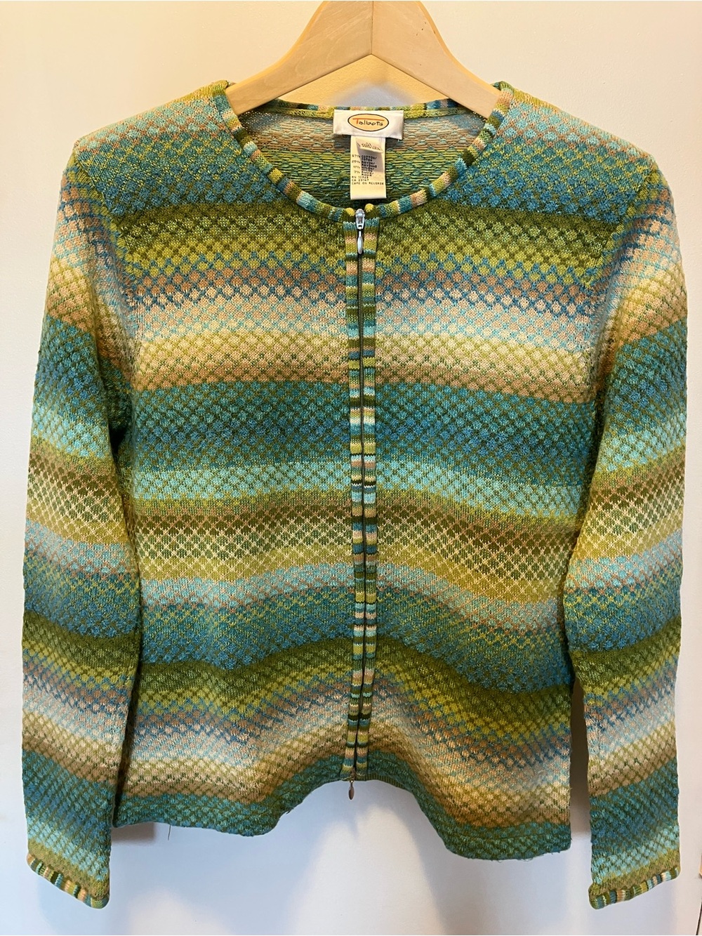 Talbots Striped Green Teal and Neutral Knit Cardigan